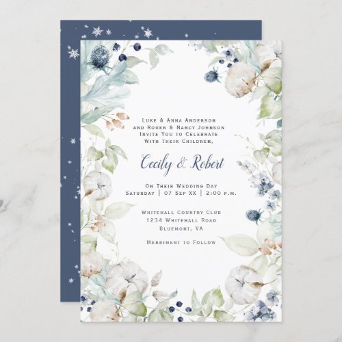 Dusty Blue Sage Green Floral Wedding wMenu Invitation