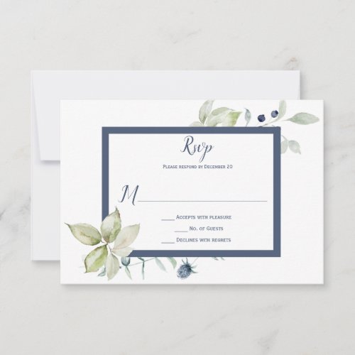 Dusty Blue Sage Green Framed Winter Floral RSVP Card