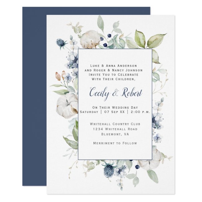 Dusty Blue Sage Green Gray Floral Frame Wedding Invitation