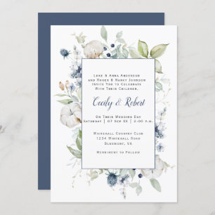 Dusty Blue Sage Green Gray Floral Frame Wedding Invitation