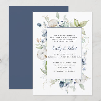 Dusty Blue Sage Green Gray Floral Frame Wedding Invitation