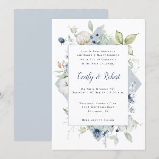 Dusty Blue Sage Green Gray Floral Frame Wedding Invitation