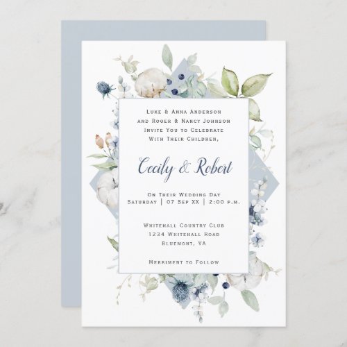 Dusty Blue Sage Green Gray Floral Frame Wedding Invitation