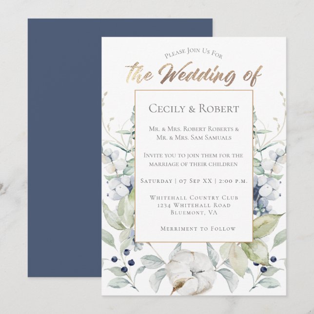 Dusty Blue Sage Green Gray Winter Floral Wedding Invitation (Front/Back)