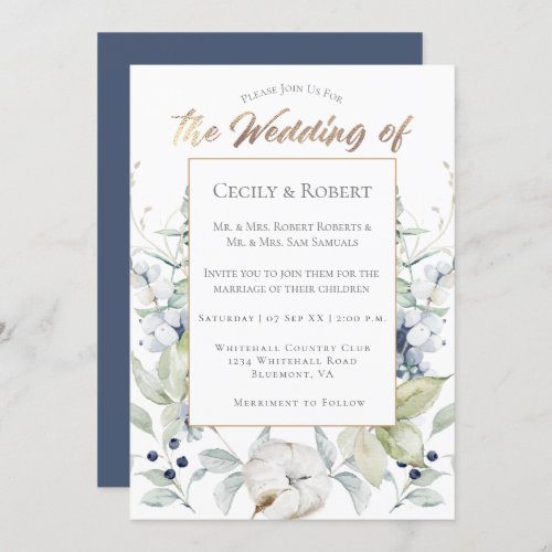 Dusty Blue Sage Green Gray Winter Floral Wedding Invitation