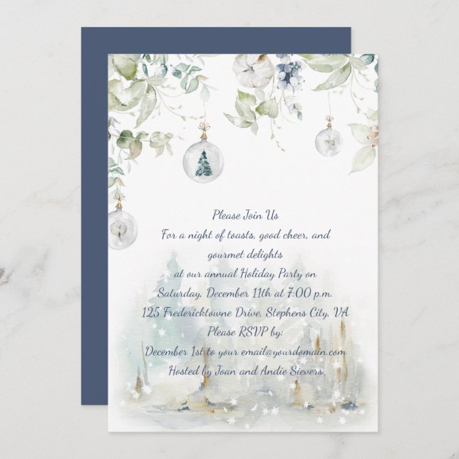 Dusty Blue, Sage Green Greenery Christmas Party Invitation (Front/Back)