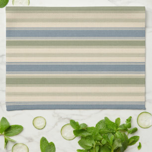 Dusty Blue & Sage Green Linen Multi-Width Stripes Kitchen Towel