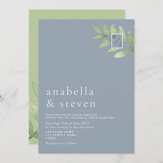 Dusty Blue Sage Green Monogram Wedding Invitation (Front/Back)