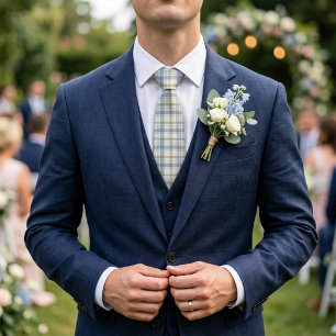 Dusty Blue Sage Green Plaid Preppy Wedding Neck Tie