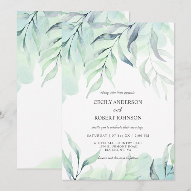 Dusty Blue & Sage Green Watercolor Ferns Wedding Invitation (Front/Back)