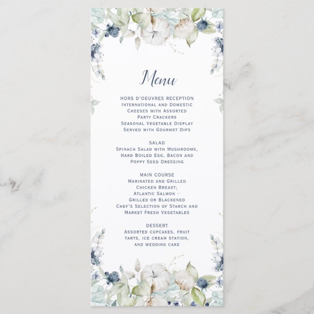 Dusty Blue Sage Green Watercolor Winter Floral Menu (Front)