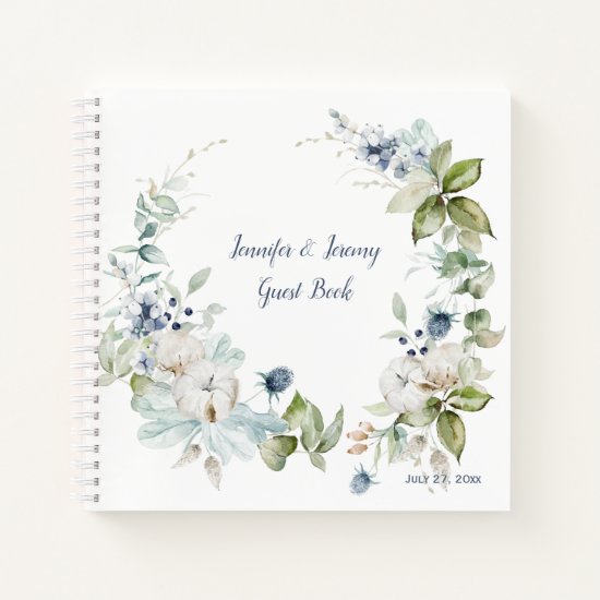 Dusty Blue Sage Green Winter Floral Guest Book