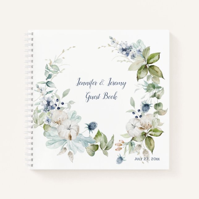 Dusty Blue Sage Green Winter Floral Guest Book (Front)