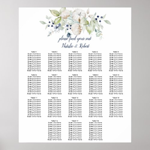 Dusty Blue Sage Green Winter Floral Seating Chart