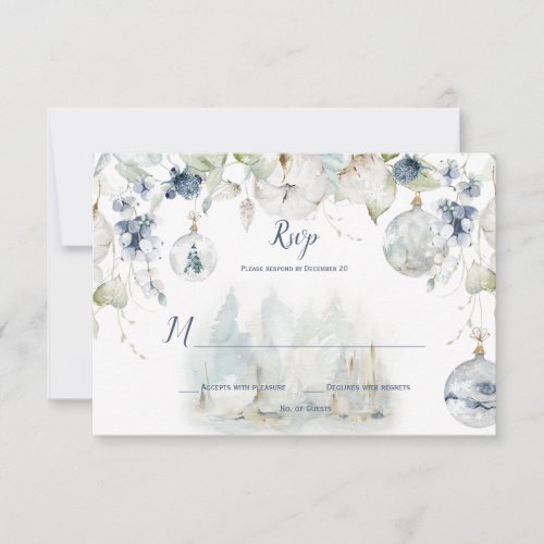 Dusty Blue Sage Green Winter Floral Snow Globes RSVP Card