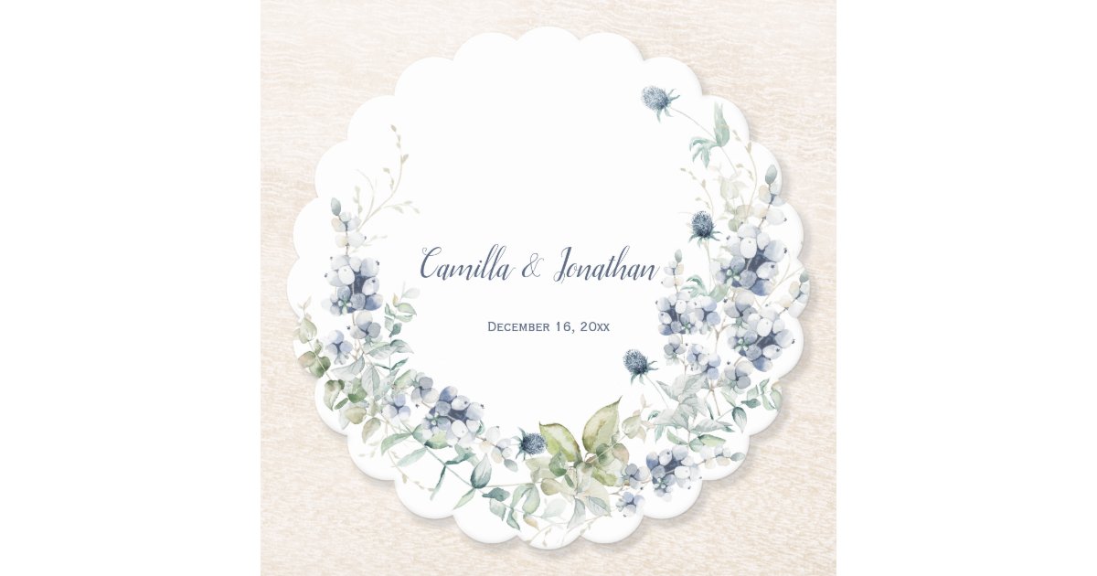 Dusty Blue Sage Green Winter Floral Wedding Paper Coaster Zazzle Com