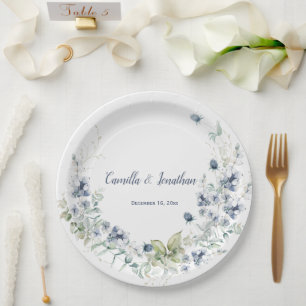 Dusty Blue Sage Green Winter Floral Wedding Paper Plates