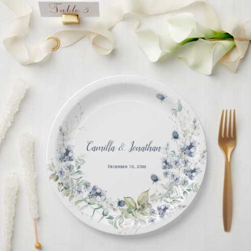 Dusty Blue Sage Green Winter Floral Wedding Paper Plates