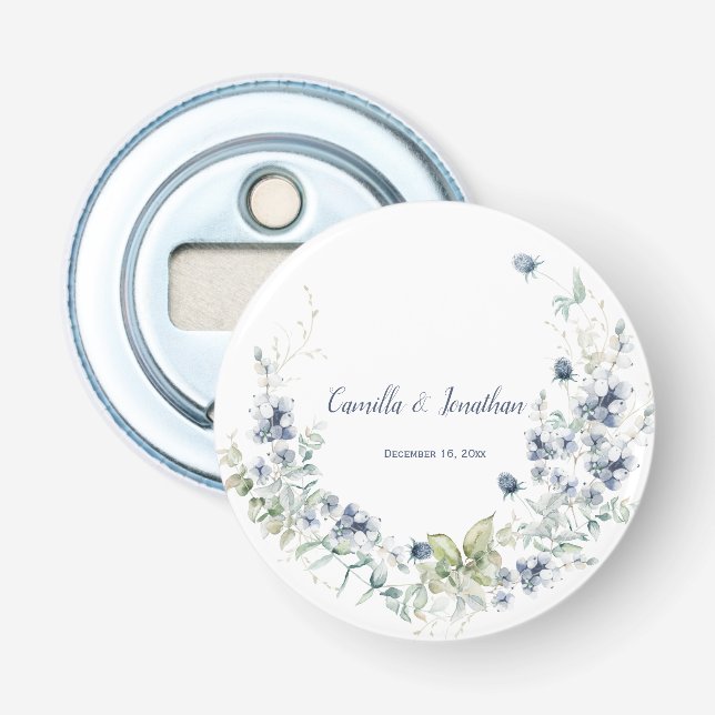 Dusty Blue Sage Green Winter Flowers Wedding Favor Bottle Opener (Front)