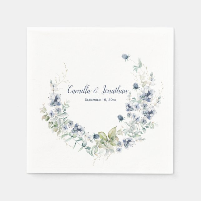 Dusty Blue Sage Green Winter Wedding Floral Napkins (Front)