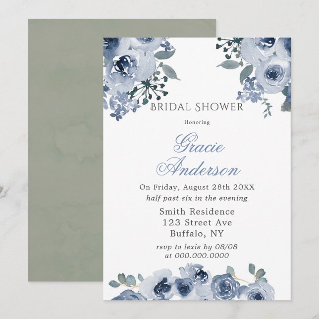Dusty Blue Sage Painted Peony Bridal Shower Invita Invitation (Front/Back)