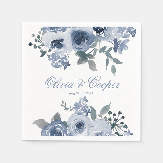 Dusty Blue Sage Watercolor Peony Wedding  Napkins (Front)