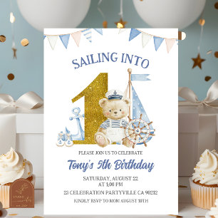Dusty Blue Sailing Into One Sailor Birthday Invitation