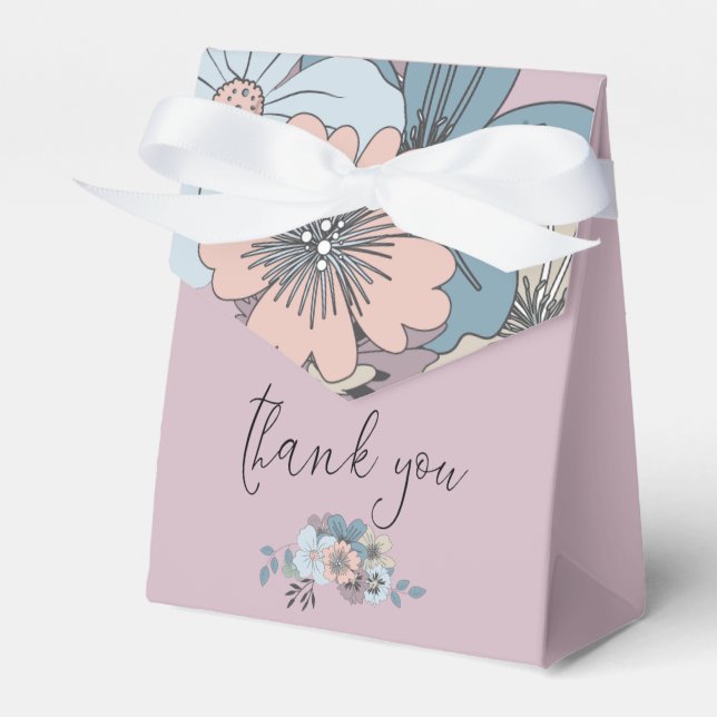 Dusty Blue Salmon Pink Foral Names Date Thank You Favor Boxes (Front Side)
