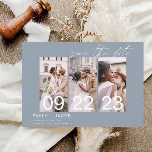 Dusty Blue Save the Date 3 Photo Elegant