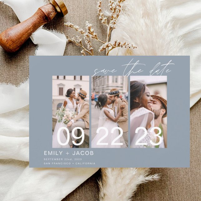 Dusty Blue Save the Date 3 Photo Elegant (Creator Uploaded)