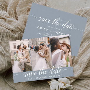 Dusty Blue Save the Date 3 Photo Elegant Modern