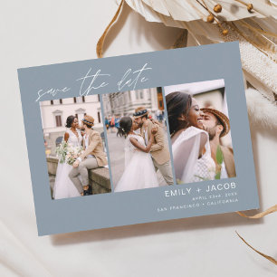 Dusty Blue Save the Date 3 Photo Elegant Postcard