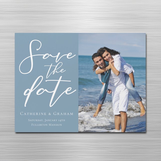 Dusty Blue Save the Date Couple Photo Magnet Card (Creator Uploaded)