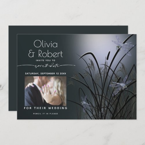 Dusty Blue Save the Date  Moonlight Dragonfly Invitation