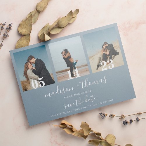 Dusty Blue Script 3 Photo Wedding Save The Date Magnetic Invitation