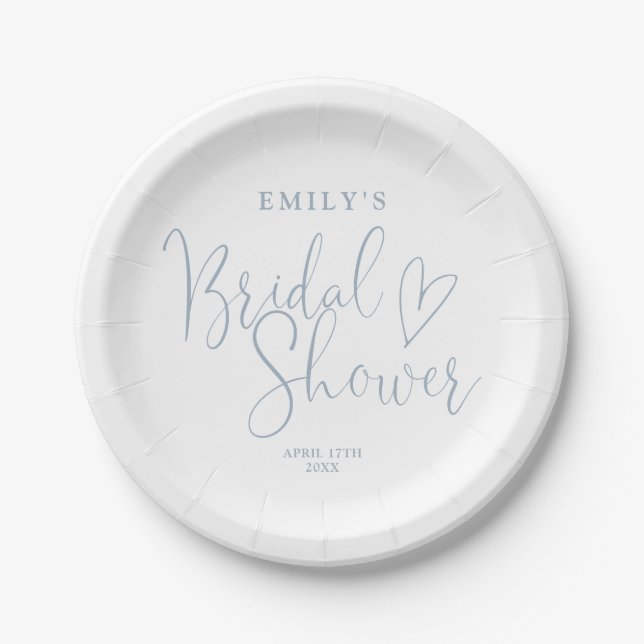Dusty Blue Script Calligraphy Bridal Shower Paper Plates (Front)