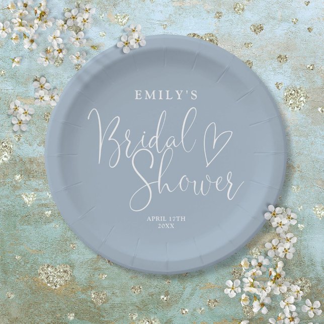 Dusty Blue Script Calligraphy Bridal Shower Paper Plates (Dusty Blue Script Calligraphy Bridal Shower Paper Plates)
