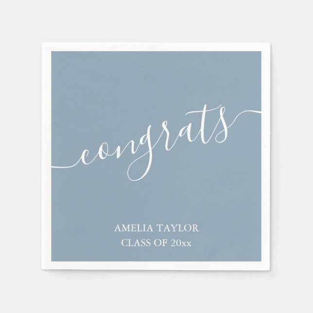 Dusty Blue Script Congrats Elegant Graduation Name Napkins (Front)