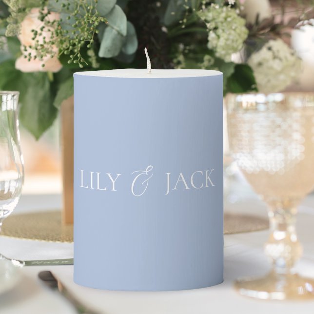 Dusty Blue Script Couple Names Wedding Event  Pillar Candle (Creator Uploaded)