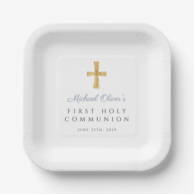 Dusty Blue Script Cross Boy First Communion Paper Plates (Front)