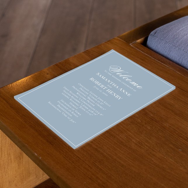 Dusty Blue Script Custom Wedding Program  (Elegant dusty blue wedding program template. )