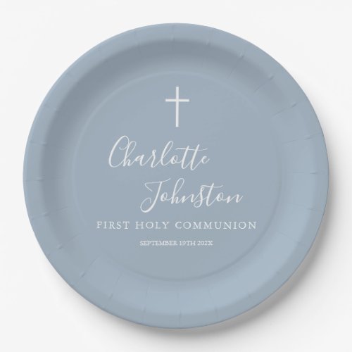 Dusty Blue Script First Holy Communion Paper Plate
