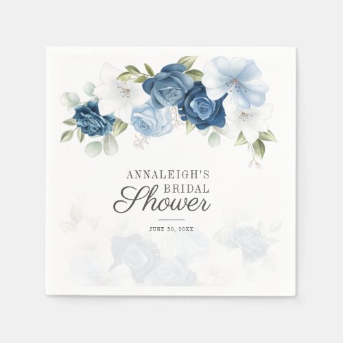 Dusty Blue Script Floral Bridal Shower Paper Napkins