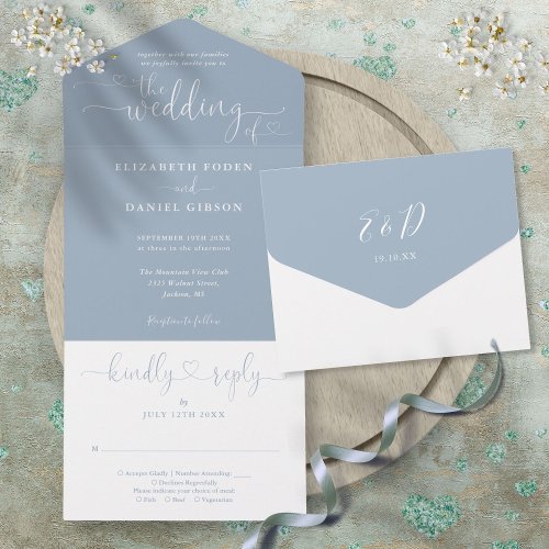 Dusty Blue Script Hearts Minimalist Wedding All In All In One Invitation