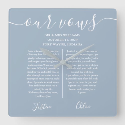 Dusty Blue Script His And Hers Wedding Vows Square Wall Clock