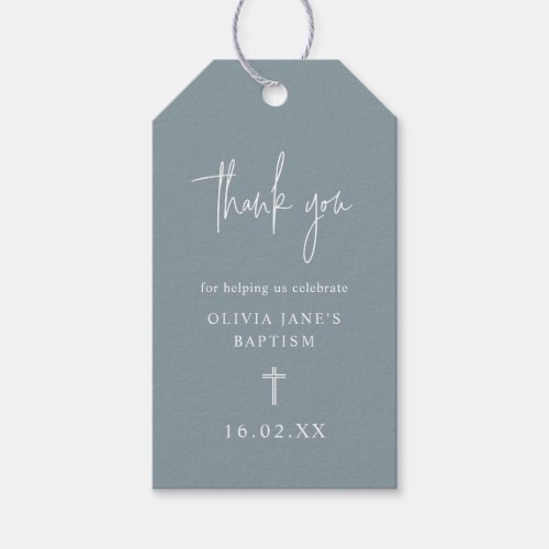 Dusty Blue Script Minimal Baptism Thank You Gift Tags