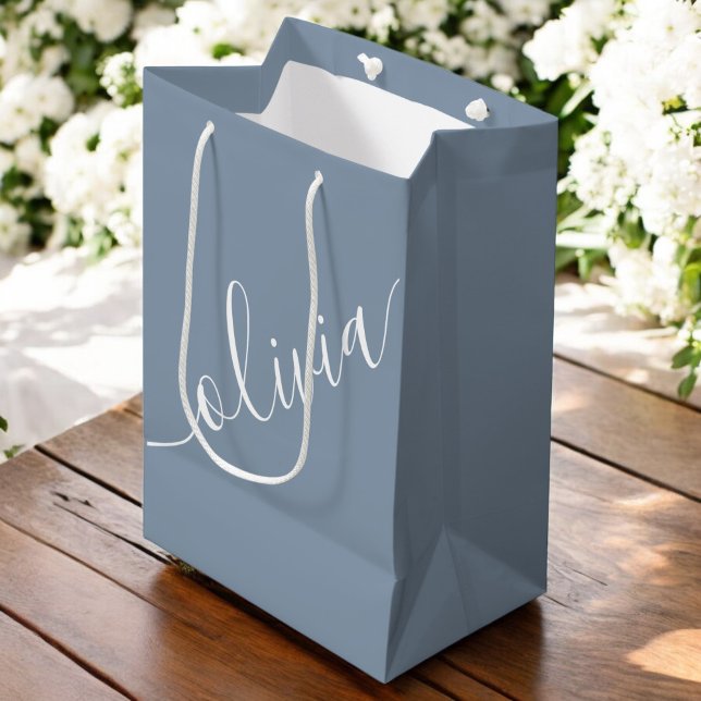 Dusty Blue Script Minimalist Monogram Elegant Medium Gift Bag (Creator Uploaded)