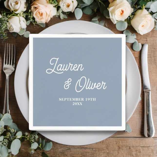 Dusty Blue Script Minimalist Wedding Napkins (Creator Uploaded)