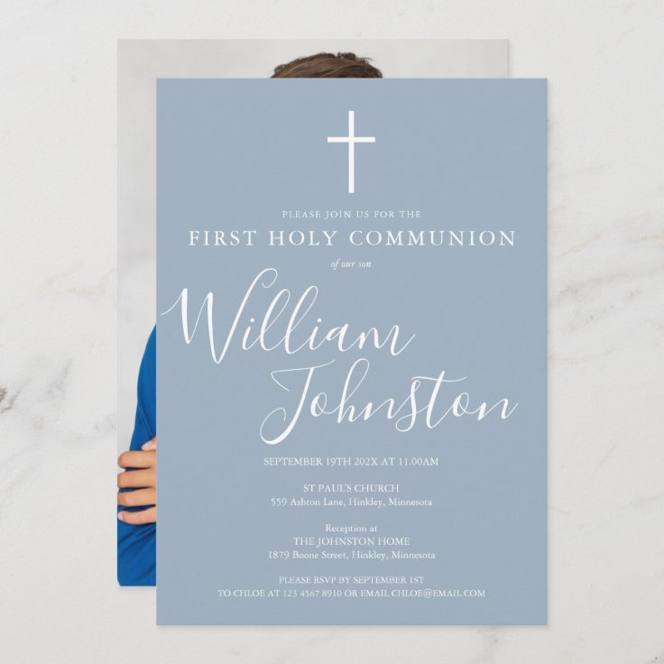 Dusty Blue Script Modern Holy Communion Photo Invitation | Zazzle