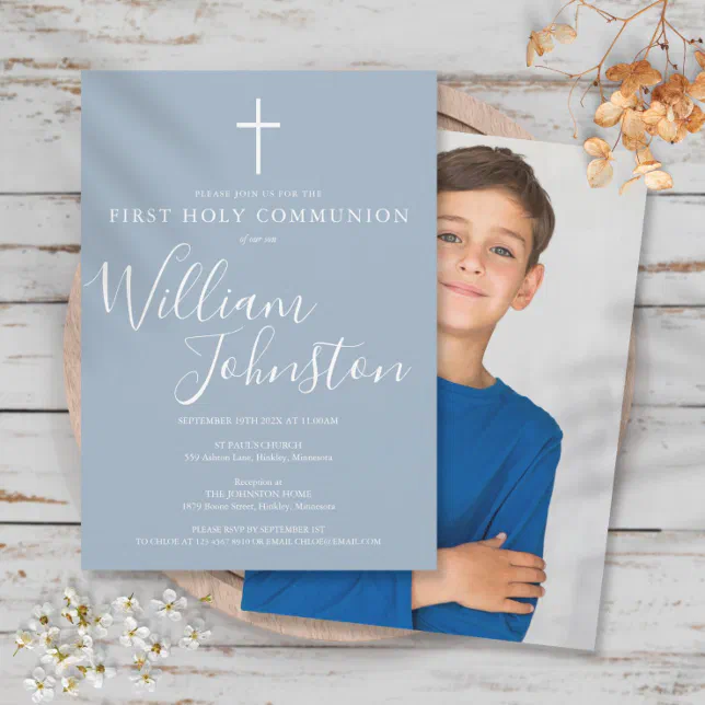 Dusty Blue Script Modern Holy Communion Photo Invitation | Zazzle